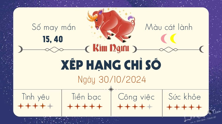 Tu vi ngay 30/10/2024 cua 12 cung hoang dao - Kim Nguu