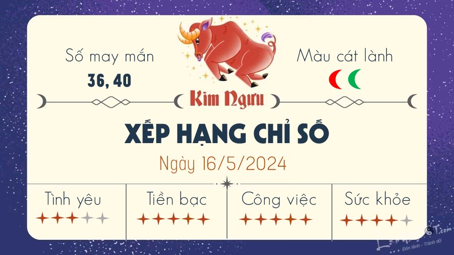 Tu vi ngay 16/5/2024 cua 12 cung hoang dao - Kim Nguu