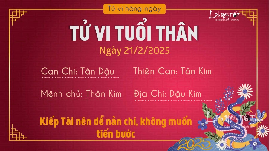 Tu vi hang ngay 21/2/2025 cua 12 con giap - Than