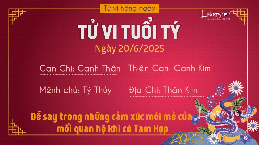 Tu vi hang ngay 20/6/2025 cua 12 con giap - Ty