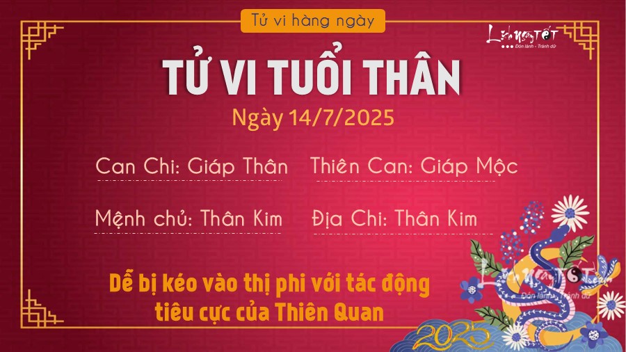 Tu vi hang ngay 14/7/2025 cua 12 con giap - Than