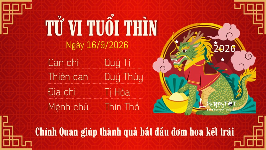 Tử vi hàng ngày 16/9/2026 của 12 con giáp - Thìn Tu vi hang ngay 16/9/2026 cua 12 con giap - Thin